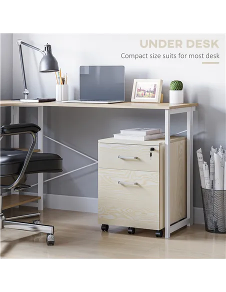 Vinsetto 2-Drawer Locking Office Filing Cabinet w/ 5 Wheels Rolling Storage Hanging A4 Cupboard Home Organisation, Oak Wood Grai