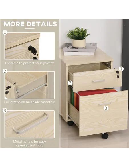 Vinsetto 2-Drawer Locking Office Filing Cabinet w/ 5 Wheels Rolling Storage Hanging A4 Cupboard Home Organisation, Oak Wood Grai