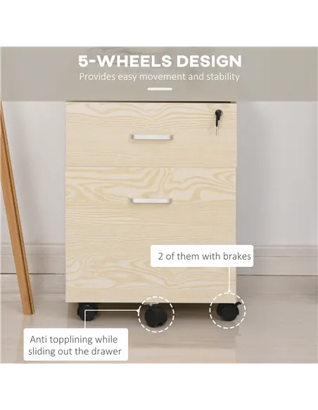 Vinsetto 2-Drawer Locking Office Filing Cabinet w/ 5 Wheels Rolling Storage Hanging A4 Cupboard Home Organisation, Oak Wood Grai