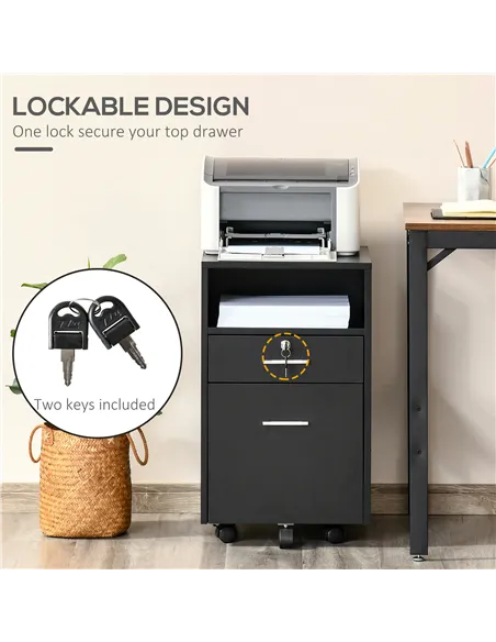 Vinsetto Lockable Two-Drawer Filing Cabinet, with Wheels - Black