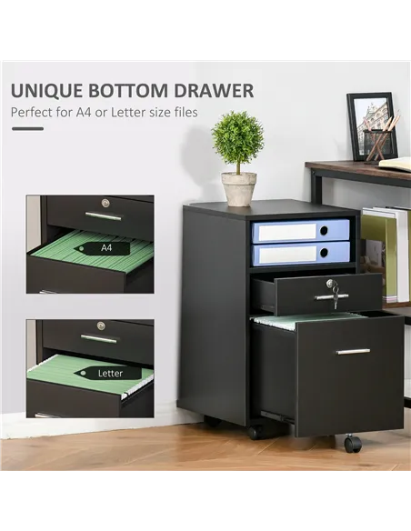 Vinsetto Lockable Two-Drawer Filing Cabinet, with Wheels - Black