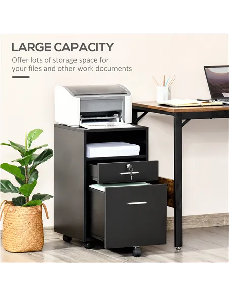 Vinsetto Lockable Two-Drawer Filing Cabinet, with Wheels - Black