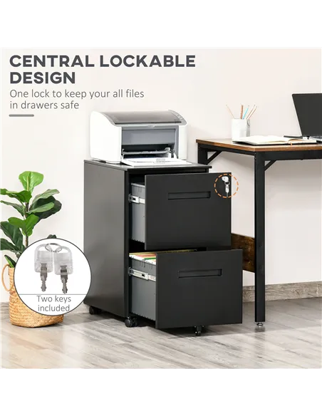 Vinsetto Metal Mobile File Cabinet with Wheels, Lockable 2 Drawer Filing Cabinet for A4, Legal, Letter, Compact Under Desk Stora