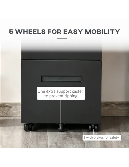 Vinsetto Metal Mobile File Cabinet with Wheels, Lockable 2 Drawer Filing Cabinet for A4, Legal, Letter, Compact Under Desk Stora