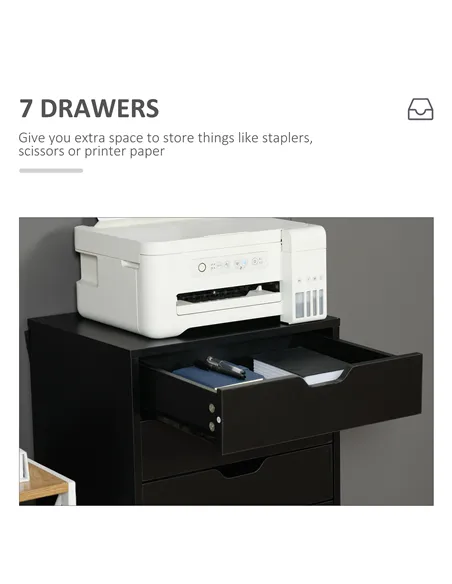 Vinsetto Seven-Drawer Filing Cabinet, with Wheels - Black