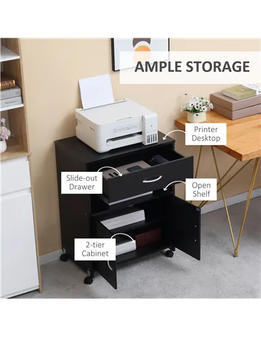 Vinsetto Printer Stand Mobile Printer Cabinet with Storage, Open Shelf, Drawer for Home Office, 60cm x 39cm x 80cm, Black