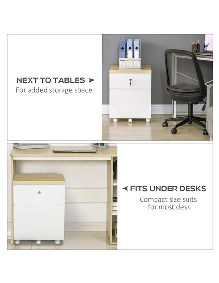Vinsetto 2-Drawer Filing Cabinet with Lock, Mobile File Cabinet with Hanging Bars for Legal Size and Wheels, Home Office Study, 