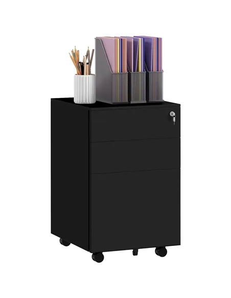 Vinsetto 3-Drawer Vertical Filing Cabinet with Pencil Tray, Lock and 5 Wheels, Steel Mobile File Cabinet, for A4, Legal and Lett