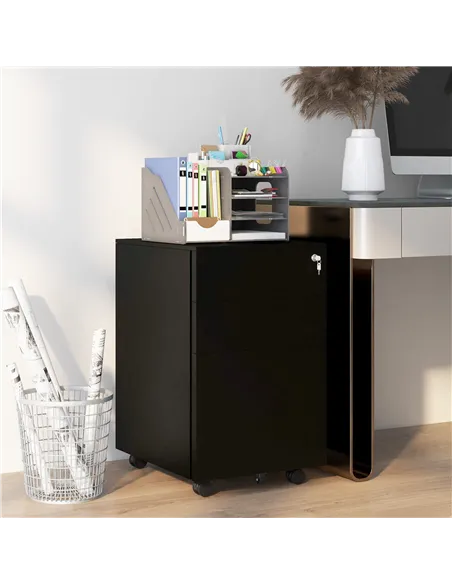 Vinsetto 3-Drawer Vertical Filing Cabinet with Pencil Tray, Lock and 5 Wheels, Steel Mobile File Cabinet, for A4, Legal and Lett