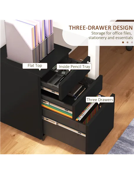 Vinsetto 3-Drawer Vertical Filing Cabinet with Pencil Tray, Lock and 5 Wheels, Steel Mobile File Cabinet, for A4, Legal and Lett