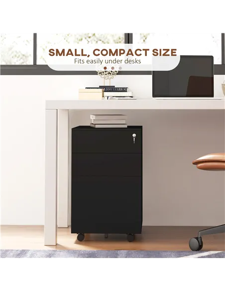Vinsetto 3-Drawer Vertical Filing Cabinet with Pencil Tray, Lock and 5 Wheels, Steel Mobile File Cabinet, for A4, Legal and Lett