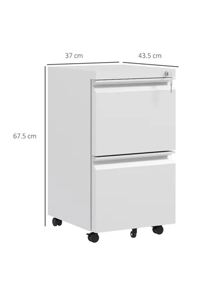 Vinsetto 2-Drawer Mobile Filing Cabinet, Steel Lockable File Cabinet for Letter, A4 and Legal Size, Pre-Assembled Body, White