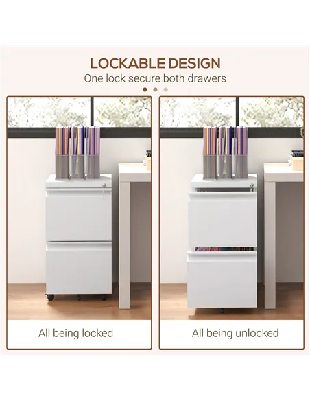 Vinsetto 2-Drawer Mobile Filing Cabinet, Steel Lockable File Cabinet for Letter, A4 and Legal Size, Pre-Assembled Body, White