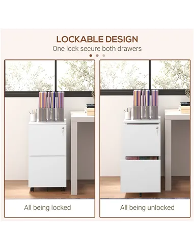 Vinsetto 2-Drawer Vertical Filing Cabinet with Lock and 5 Wheels, Steel Mobile File Cabinet, for A4, Legal and Letter Size, Pre-