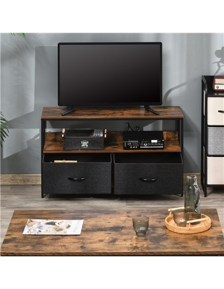 HOMCOM TV Stand Cabinet with 2 Foldable Drawers - Rustic Brown