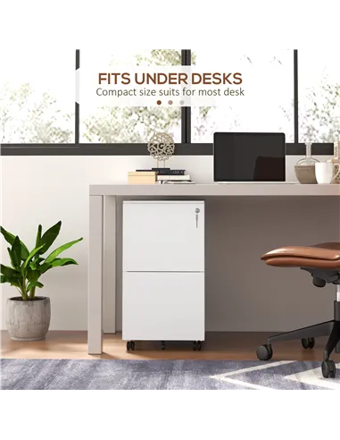 Vinsetto 2-Drawer Vertical Filing Cabinet with Lock and 5 Wheels, Steel Mobile File Cabinet, for A4, Legal and Letter Size, Pre-