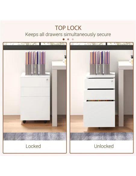 Vinsetto 3-Drawer Vertical Filing Cabinet with Pencil Tray, Lock and 5 Wheels, Steel Mobile File Cabinet, for A4, Legal and Lett