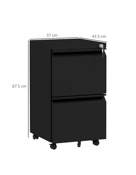 Vinsetto 2-Drawer Mobile Filing Cabinet, Steel Lockable File Cabinet for Letter, A4 and Legal Size, Pre-Assembled Body, Black