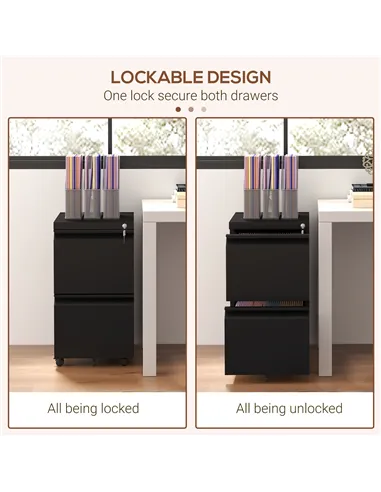 Vinsetto 2-Drawer Mobile Filing Cabinet, Steel Lockable File Cabinet for Letter, A4 and Legal Size, Pre-Assembled Body, Black
