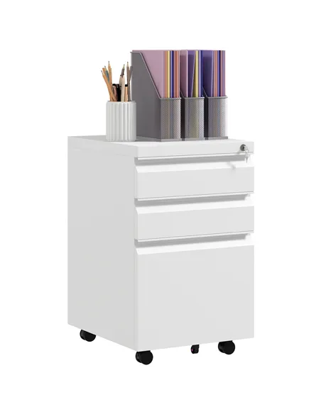 Vinsetto 3-Drawer Filing Cabinet with Lock, Mobile Steel File Cabinet for A4, Legal and Letter Size, Under Desk Drawers with Pre