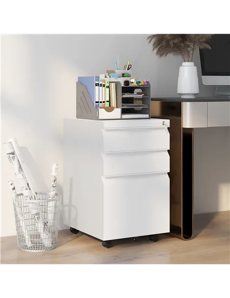 Vinsetto 3-Drawer Filing Cabinet with Lock, Mobile Steel File Cabinet for A4, Legal and Letter Size, Under Desk Drawers with Pre