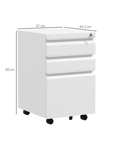 Vinsetto 3-Drawer Filing Cabinet with Lock, Mobile Steel File Cabinet for A4, Legal and Letter Size, Under Desk Drawers with Pre