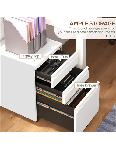 Vinsetto 3-Drawer Filing Cabinet with Lock, Mobile Steel File Cabinet for A4, Legal and Letter Size, Under Desk Drawers with Pre