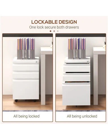 Vinsetto 3-Drawer Filing Cabinet with Lock, Mobile Steel File Cabinet for A4, Legal and Letter Size, Under Desk Drawers with Pre
