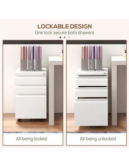 Vinsetto 3-Drawer Filing Cabinet with Lock, Mobile Steel File Cabinet for A4, Legal and Letter Size, Under Desk Drawers with Pre