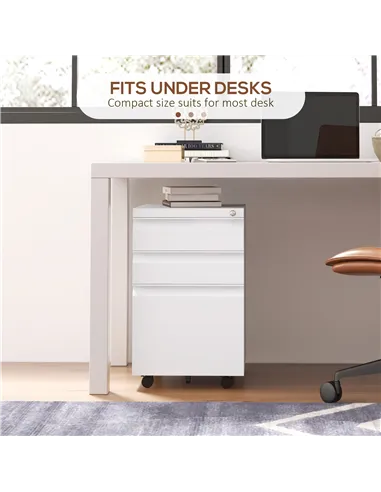 Vinsetto 3-Drawer Filing Cabinet with Lock, Mobile Steel File Cabinet for A4, Legal and Letter Size, Under Desk Drawers with Pre