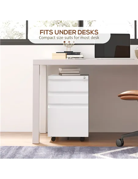 Vinsetto 3-Drawer Filing Cabinet with Lock, Mobile Steel File Cabinet for A4, Legal and Letter Size, Under Desk Drawers with Pre