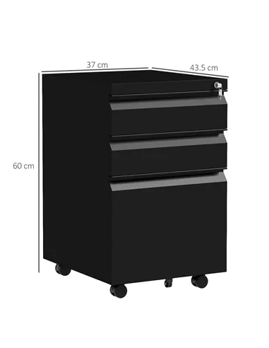 Vinsetto 3-Drawer Filing Cabinet with Lock, Mobile Steel File Cabinet for A4, Legal and Letter Size, Under Desk Drawers with Pre