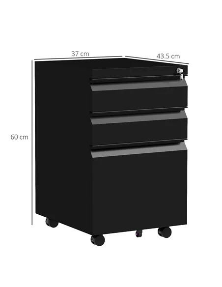 Vinsetto 3-Drawer Filing Cabinet with Lock, Mobile Steel File Cabinet for A4, Legal and Letter Size, Under Desk Drawers with Pre