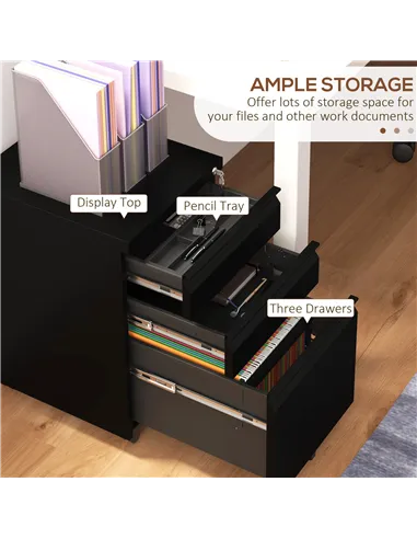 Vinsetto 3-Drawer Filing Cabinet with Lock, Mobile Steel File Cabinet for A4, Legal and Letter Size, Under Desk Drawers with Pre