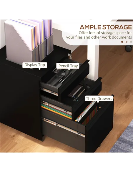 Vinsetto 3-Drawer Filing Cabinet with Lock, Mobile Steel File Cabinet for A4, Legal and Letter Size, Under Desk Drawers with Pre