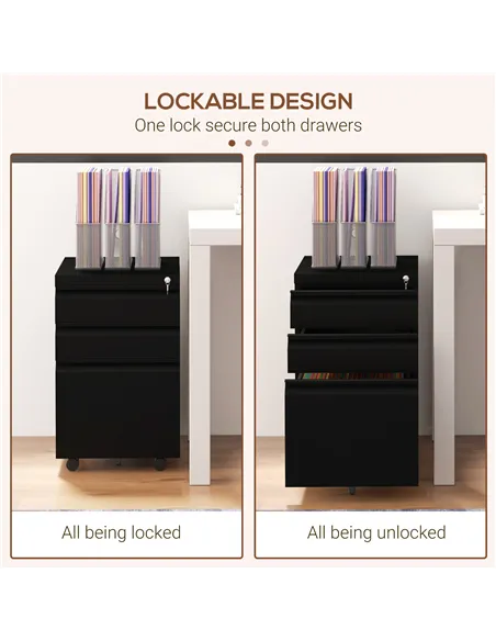 Vinsetto 3-Drawer Filing Cabinet with Lock, Mobile Steel File Cabinet for A4, Legal and Letter Size, Under Desk Drawers with Pre
