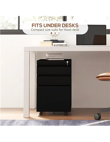 Vinsetto 3-Drawer Filing Cabinet with Lock, Mobile Steel File Cabinet for A4, Legal and Letter Size, Under Desk Drawers with Pre