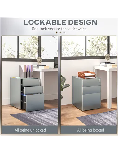Vinsetto Lockable Cabinet, Rolling Filing Cabinet with 3 Drawers, Steel Office Drawer Unit for A4, Letter, Legal Sized Files
