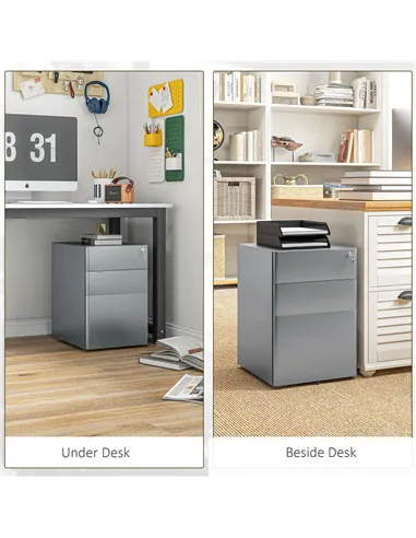 Vinsetto Lockable Cabinet, Rolling Filing Cabinet with 3 Drawers, Steel Office Drawer Unit for A4, Letter, Legal Sized Files