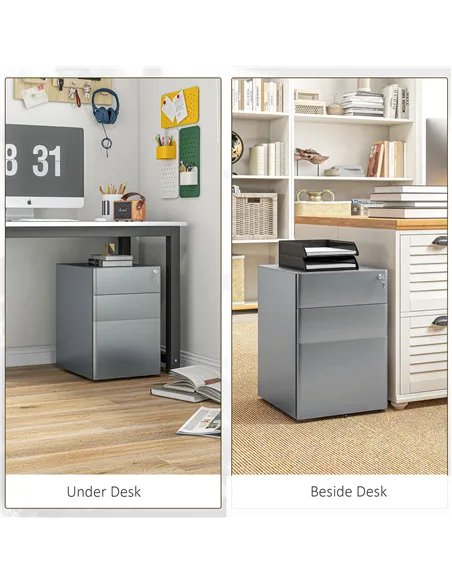 Vinsetto Lockable Cabinet, Rolling Filing Cabinet with 3 Drawers, Steel Office Drawer Unit for A4, Letter, Legal Sized Files