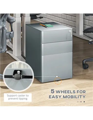 Vinsetto Lockable Cabinet, Rolling Filing Cabinet with 3 Drawers, Steel Office Drawer Unit for A4, Letter, Legal Sized Files