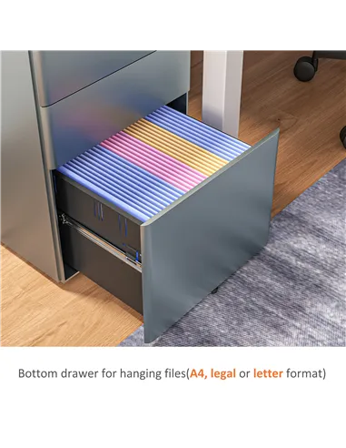 Vinsetto Lockable Cabinet, Rolling Filing Cabinet with 3 Drawers, Steel Office Drawer Unit for A4, Letter, Legal Sized Files