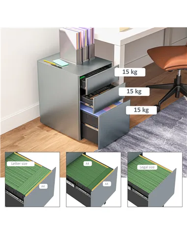Vinsetto Lockable Cabinet, Rolling Filing Cabinet with 3 Drawers, Steel Office Drawer Unit for A4, Letter, Legal Sized Files