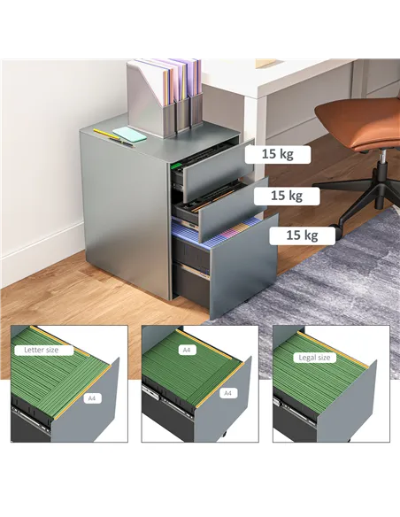 Vinsetto Lockable Cabinet, Rolling Filing Cabinet with 3 Drawers, Steel Office Drawer Unit for A4, Letter, Legal Sized Files