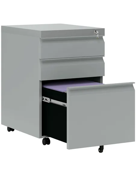 Vinsetto 3 Drawer Filling Cabinet, Mobile Metal File Cabinet with Anti-tilt Design for Letter, A4, Legal Size, Grey