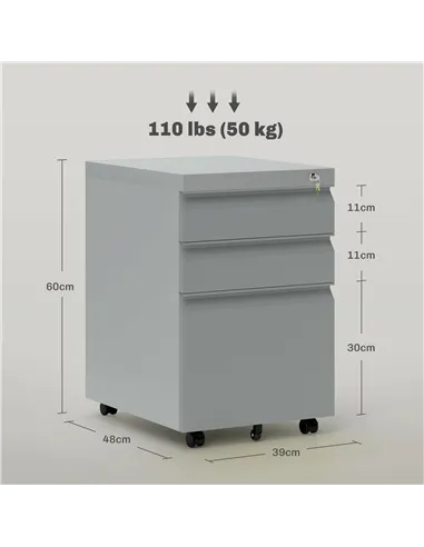 Vinsetto 3 Drawer Filling Cabinet, Mobile Metal File Cabinet with Anti-tilt Design for Letter, A4, Legal Size, Grey