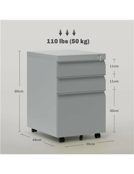 Vinsetto 3 Drawer Filling Cabinet, Mobile Metal File Cabinet with Anti-tilt Design for Letter, A4, Legal Size, Grey