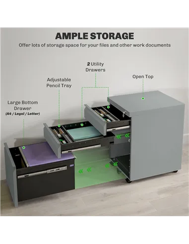 Vinsetto 3 Drawer Filling Cabinet, Mobile Metal File Cabinet with Anti-tilt Design for Letter, A4, Legal Size, Grey