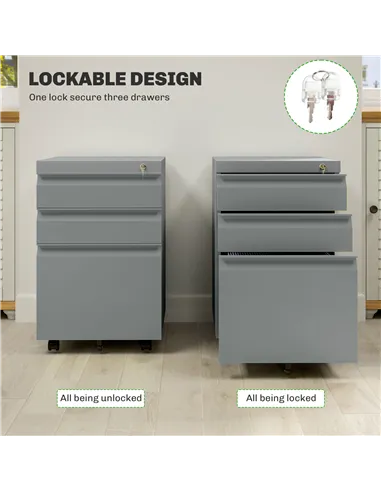 Vinsetto 3 Drawer Filling Cabinet, Mobile Metal File Cabinet with Anti-tilt Design for Letter, A4, Legal Size, Grey