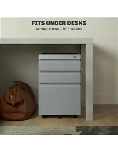 Vinsetto 3 Drawer Filling Cabinet, Mobile Metal File Cabinet with Anti-tilt Design for Letter, A4, Legal Size, Grey
